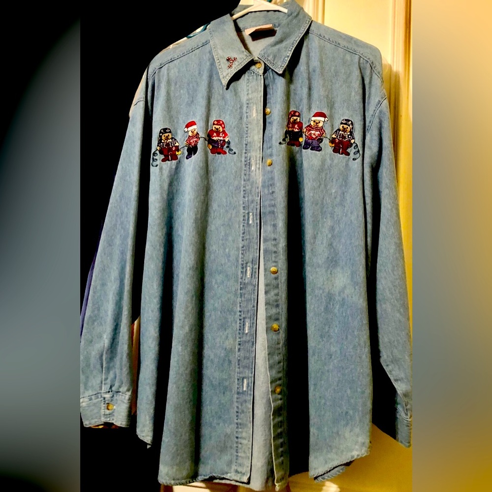 VTG Faded Glory Women Denim Shirt Long Sleeve Embroidered Bears Plus Size 20w
